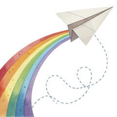 Paper airplane soaring through a vibrant rainbow trail, symbolizing dreams and adventure