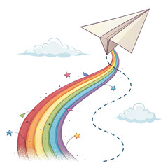 Paper airplane soars through vibrant rainbow trail leaving starry wishes and fluffy clouds behind