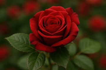 A solitary red rose stands out amidst a sea of vibrant green leaves, symbolizing love and passion in a tranquil garden setting