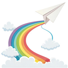 Paper airplane soaring through vibrant rainbow arc with fluffy clouds symbolizing imagination and dreams
