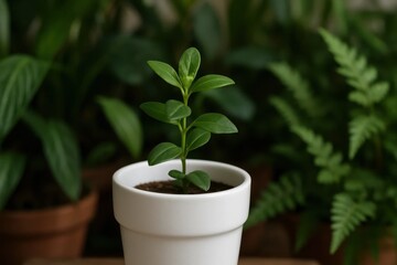 Fototapeta premium A New Potted Plant Emerging in a Lush Garden Scene