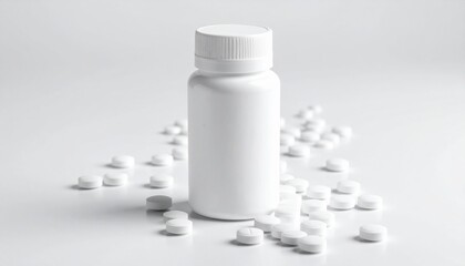White Pill Bottle Surrounded by Colorful Pills on a Soft Surface Creating a Clean and Minimalist Scene