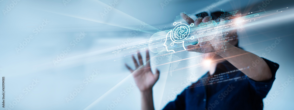 Wall mural businessman using hologram smart vr headset interactive with ai artificial intelligence brain proces