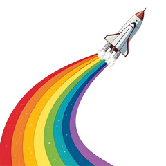 Soaring spacecraft trails vibrant rainbow stream, symbolizing hope and limitless possibilities