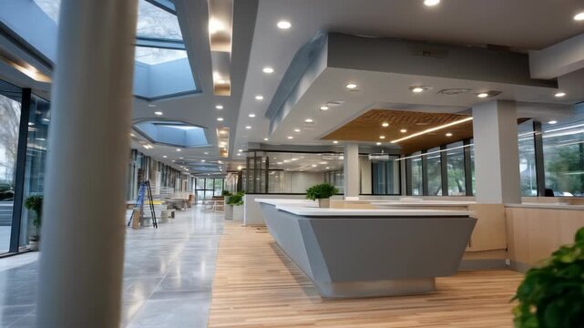 Modern, light-filled interior hallway with construction materials and a sleek counter