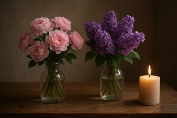 Fototapeta premium Two vases filled with delicate pink roses and purple hyacinths, accompanied by a gentle candlelight, evoke a sense of peaceful contemplation
