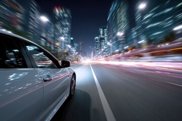 Naklejka premium High speed journey through a modern city illuminated by vibrant lights showcasing business technology advancements at night