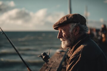 Senior man enjoys peaceful fishing day by the seaside under a cloudy sky while waiting for the next catch amidst gentle waves