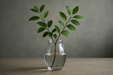 A Vase of Green Leaves on a Textured Surface