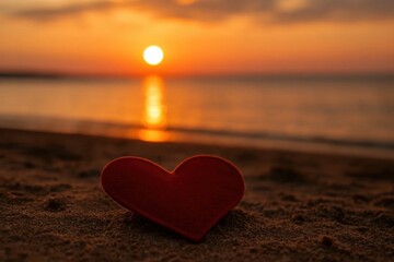 Fototapeta premium A Red Heart Lies on the Sandy Shores as the Sun Sets Over the Ocean
