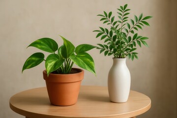 Obraz premium A serene indoor setting with two potted plants on a wooden table against a neutral background