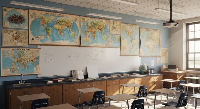 Classroom with World Maps, Desks, and Whiteboard with Equations.