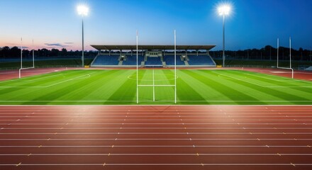 Obraz premium Illuminated Stadium at Dusk: Football Field and Track