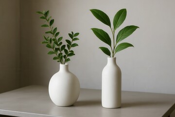 Two White Vases Holding Lush Green Leaves on a Minimalist Tabletop