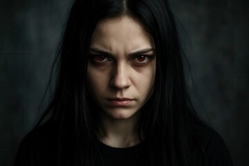 Fototapeta premium A portrait of a woman with piercing red eyes, set against a dark backdrop, evoking a sense of mystery and intensity