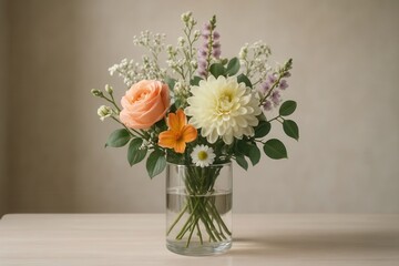 Obraz premium An elegant bouquet of peach roses, white dahlias, and delicate daisies in a transparent glass vase, set against a muted gray backdrop, evoking a sense of tranquility and sophistication