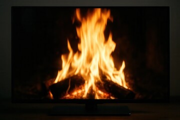 Fototapeta premium A roaring fire dances in the heart of a dark room, casting an ethereal glow on the screen