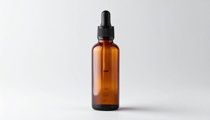 Elegant Brown Glass Bottle with Black Cap Standing Alone on a Wooden Surface in Soft Natural Lighting