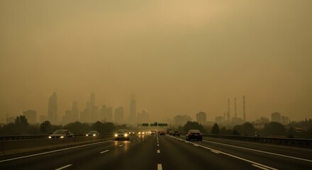 Smog-Shrouded Cityscape: Highway Traffic and Industrial Skyline