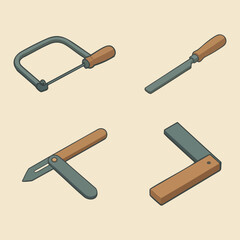 Woodworking Hand Tools — Coping Saw, Back Saw, Chisel, Marking Knife, Try Square, Bevel Gauge