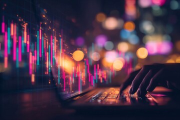 Man typing on a laptop with a digital stock market graph overlay. Financial data analysis and investment technology concept.