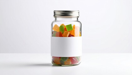 Colorful Glass Jar Overflowing with Chewy Gums Creating a Fun and Playful Candy Display in Bright Light
