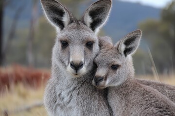 Fototapeta premium Kangaroo with joey resting in a serene landscape during the day showcasing the bond between mother and young