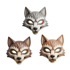 Obraz premium Three Cartoon Wolf Masks In Different Colors Displayed On A Transparent Background