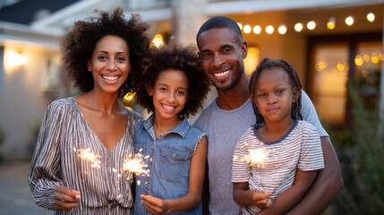 A joyful family of four holding sparklers and celebrating Independence Day in their front yard, evening light. Election Day in the USA. America Day. Festive Mood on President's Day