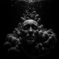 Surreal Underwater Face with Flowing Ink Clouds in Monochrome