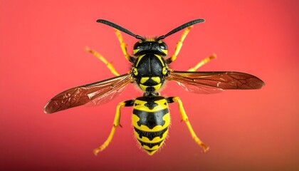 Obraz premium Detailed Closeup of a Wasp Against a Red Background