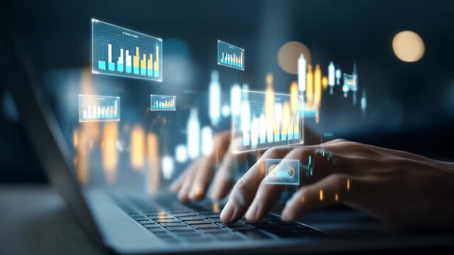 Hands typing on a laptop with holographic graphs - Powered by Adobe