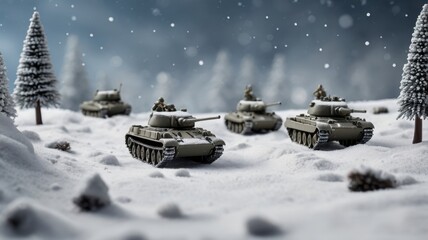 Miniature Tanks Advance Through Snowy Winter Landscape