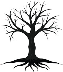 Bare tree silhouette with roots isolated on white background