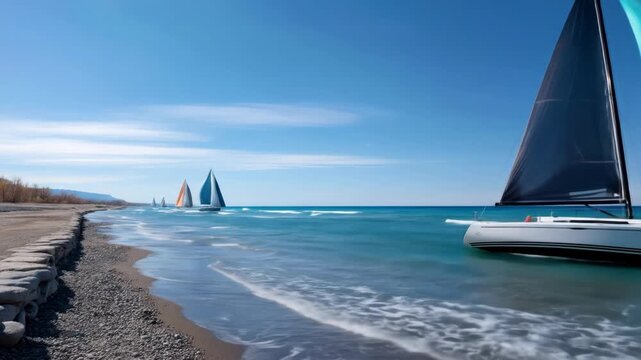 Sailboats gracefully navigate a tranquil sea under a vibrant blue sky, their colorful sails contrasting against the azure waters.  A pebbled shore and rock barrier frame the scene