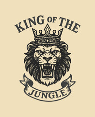 "King of the Jungle" &ndash; roaring lion head with crown, black outlines, gray shading on mane and crown, white jewel highlights, vintage tattoo style, vector