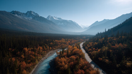 Amazing Autumn Mountain Valleys from Above with snowy mountains at backdrop