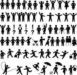 Human figures, people icons, stickman silhouettes, activity poses, teamwork, communication, lifestyle actions, pictogram set