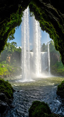 Majestic waterfall cascading down rocks, viewed from a dark cave entrance with lush green vegetation framing the scene.