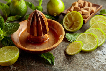 Wooden citrus squeezer and ingredients for making summer refreshing drinks.