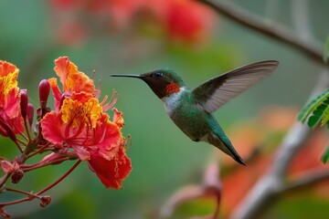 Naklejka premium Hummingbird in flight near vibrant flowers showcasing nature's beauty during a sunny day in a tropical garden