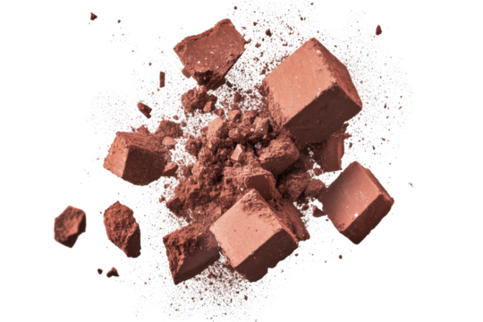 Flying pieces and powder of broken red brick debris during demolition work at a construction site in the afternoon sun creating a dramatic effect