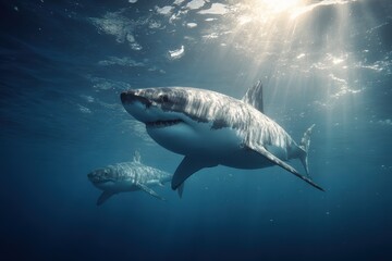 Fototapeta premium Majestic great white sharks gracefully swimming in the deep blue ocean under sunlight in a captivating underwater environment