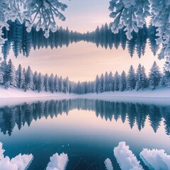 Fototapeta premium Searchable Title: Mirror Reflection of Snowy Pines on Frozen Lake
