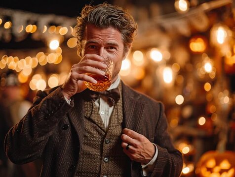Man drinking whiskey at a party