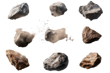 Exploding rock stones showcasing dynamic collisions and debris dispersal in an abstract arrangement