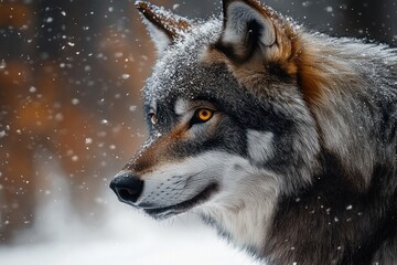 Fototapeta premium close-up of a majestic wolf with intense amber eyes in a snowy environment with snowflakes falling gently and dusting its fur
