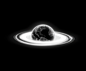 Black and white digital illustration of Earth surrounded by bright glowing rings in space with high contrast and luminous effects