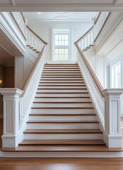 Fototapeta premium Wide, elegant staircase with wooden steps and white ornate balustrades leading to a bright window in a spacious, well-lit interior