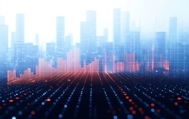 Digital cityscape with glowing red and blue data points and vertical bar charts blending into futuristic skyscrapers under bright light